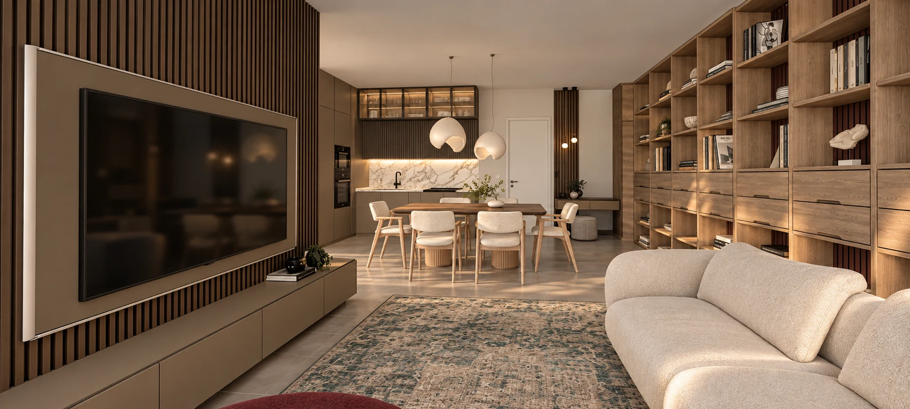 Zona living con parete TV e libreria
