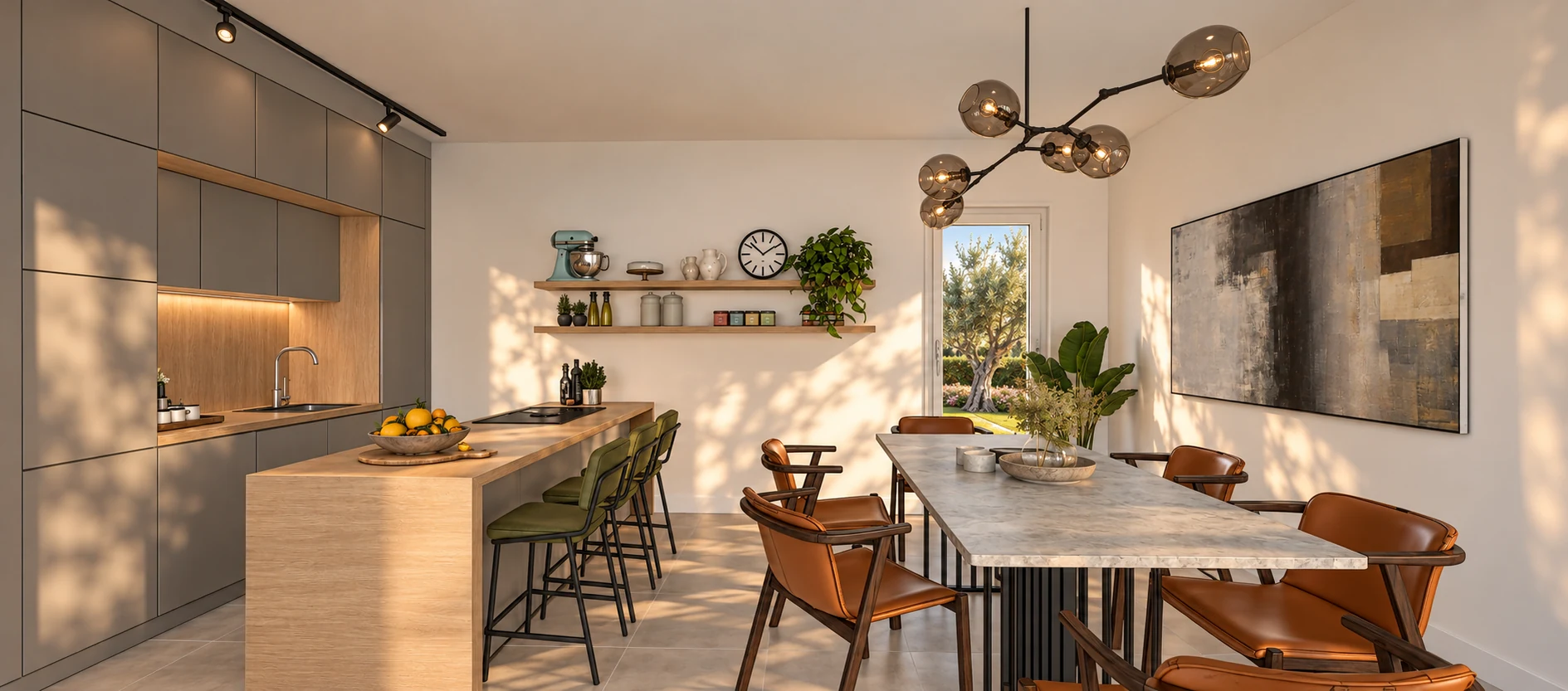 Vista della cucina e della zona pranzo